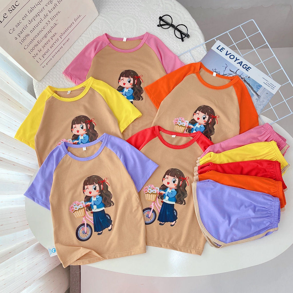 Bộ đồ bé gái-in BÉ GÁI XE ĐẠP-,chất vải thun co giãn 4 chiều từ 10kg đến 25kg-4BAO