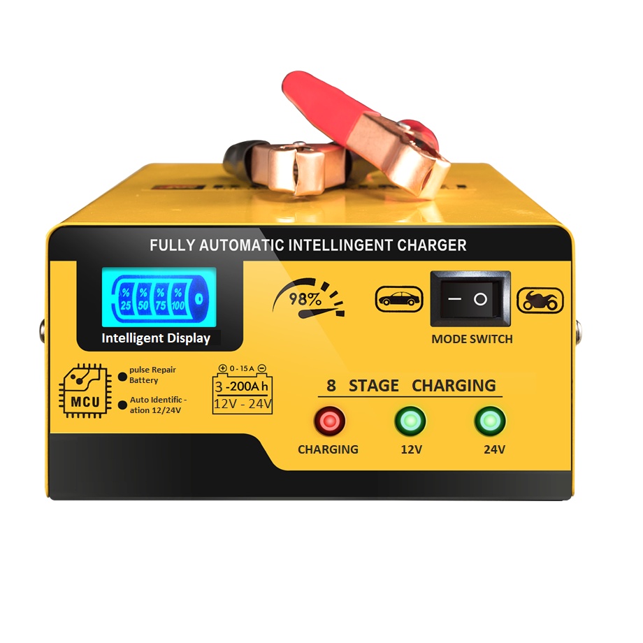Máy sạc bình ắc quy ô tô xe tải 12V 24V 200AH công suất lớn 15A sạc siêu nhanh tự ngắt khi đầy có quạt tản nhiệt