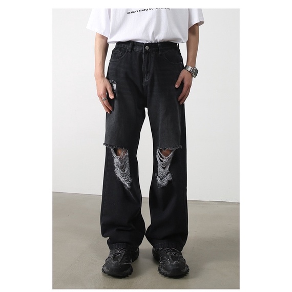 Quần jeans nam ống rộng rách gối màu wash xám đen Destroy Baggy Denim Brokeboiz