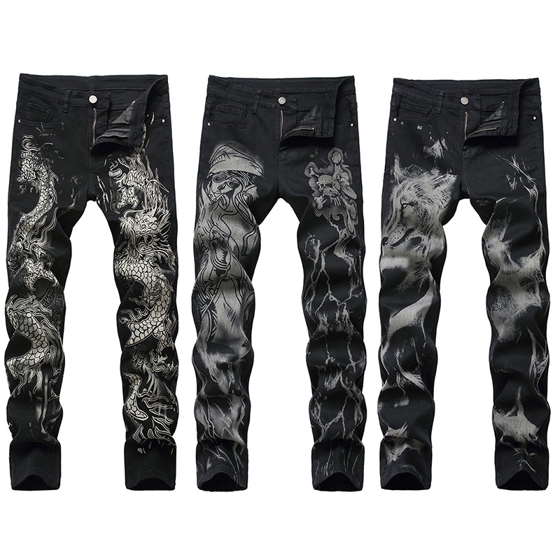 Quần Jeans Đen Ôm Chân Co Giãn In Họa Tiết Cho Nam