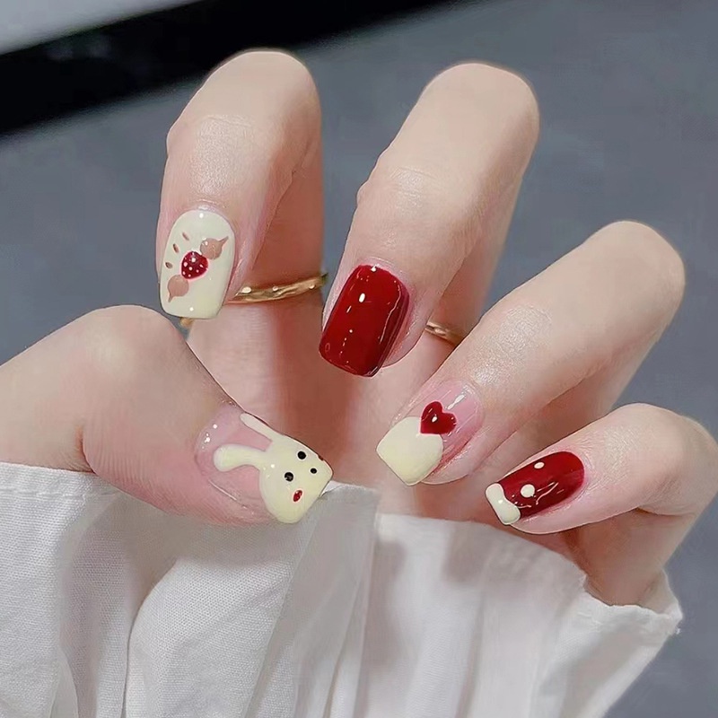 Móng tay giả đỏ trắng họa tiết hoạt hình (bộ 24 móng) 💖 SẴN KEO DÁN 💖