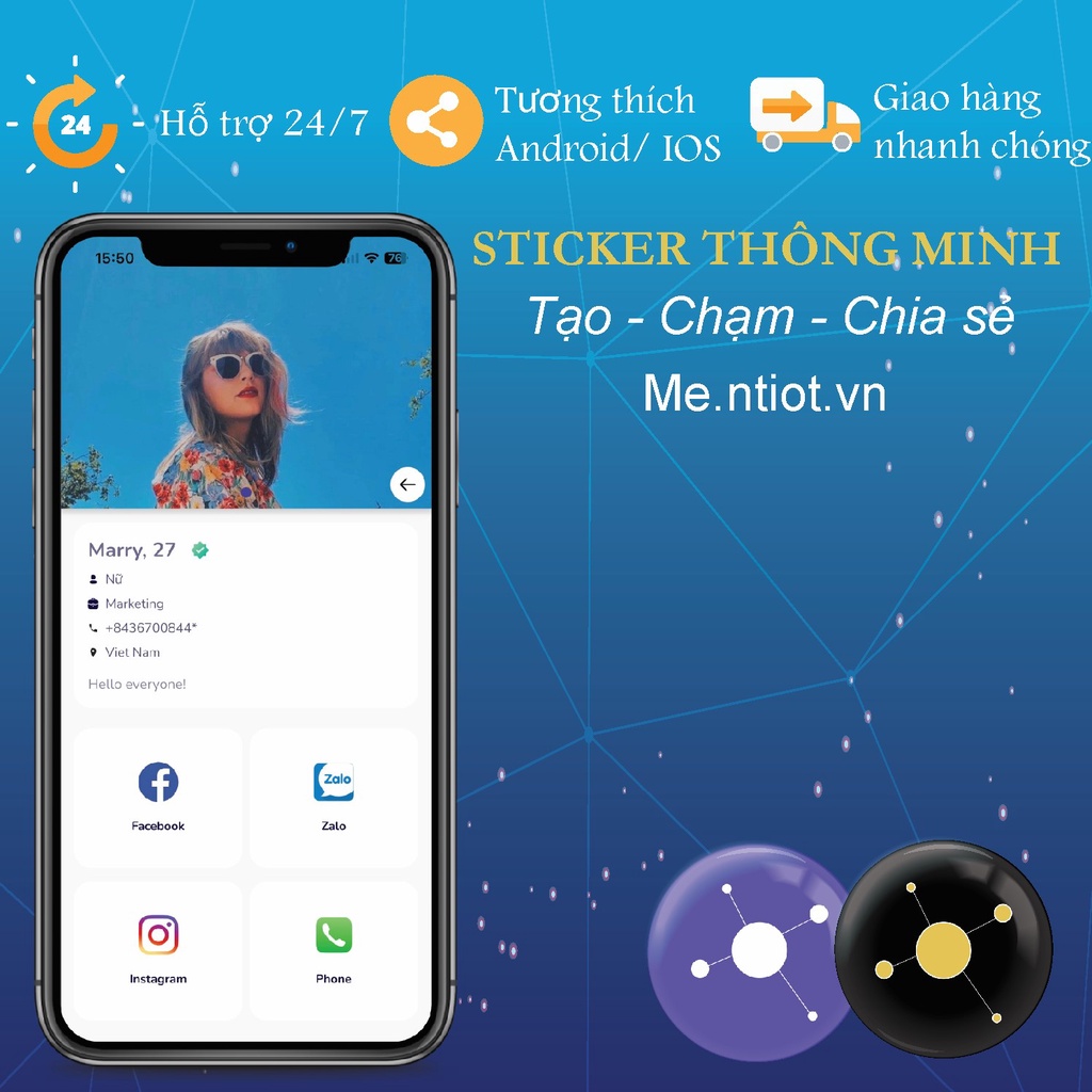 Sticker lưu trữ thông tin cá nhân, ngân hàng, thú cưng, mạng xã hội TikTok, Facebook, Zalo... Quét 1 chạm