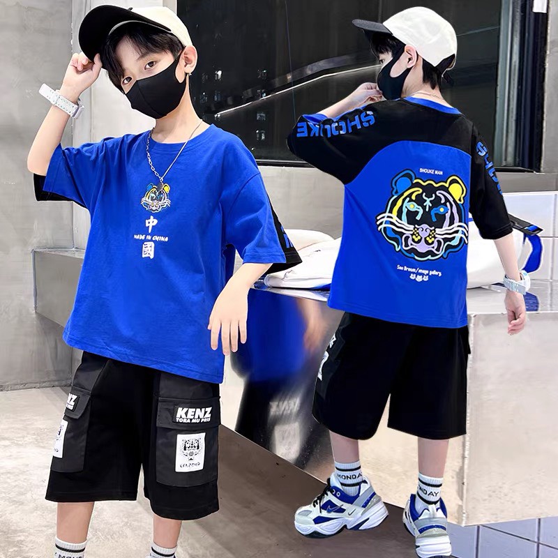 Bộ quần áo thun hè " Hình - Hổ" 14-48kg cho bé trai 4-14 tuổi. Năng động, phong cách. Hàng may kỹ. B56