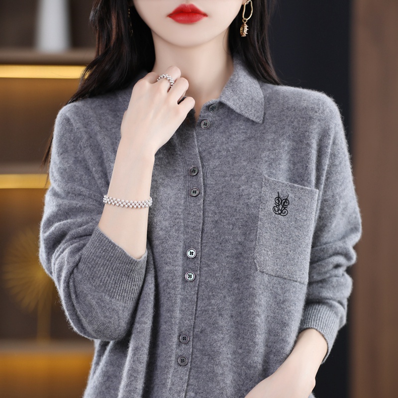 Áo Khoác Cardigan Dệt Kim Cổ POLO Thêu Họa Tiết Thời Trang Xuân Thu