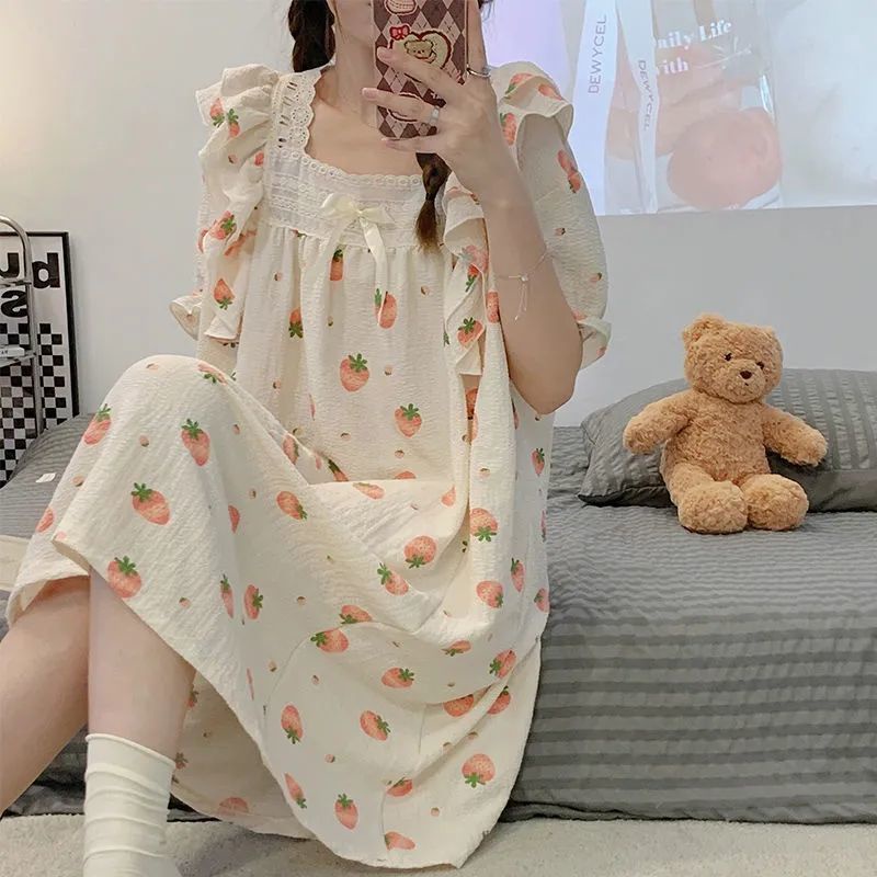 Đầm Ngủ Ngắn Tay Phối Ren Mỏng Họa Tiết Dâu Tây Đính Nơ Thời Trang Mùa Hè Mới Cho Nữ