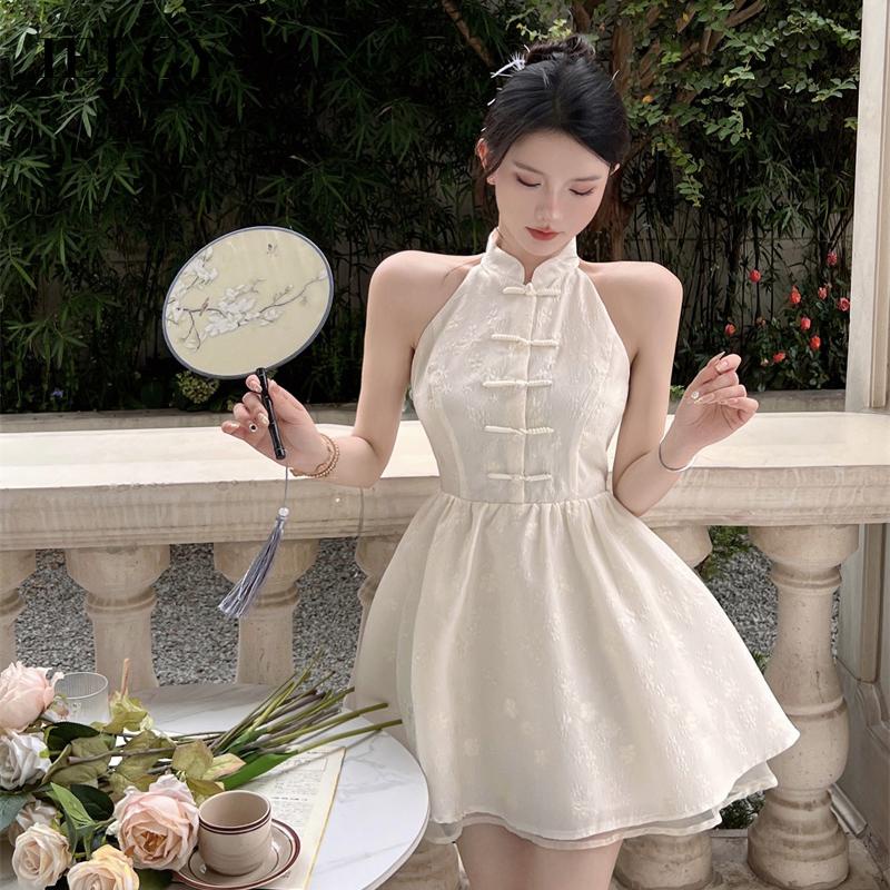 IELGY Đầm Trắng Không Tay Nhấn Eo Phong Cách retro Dành Cho Nữ