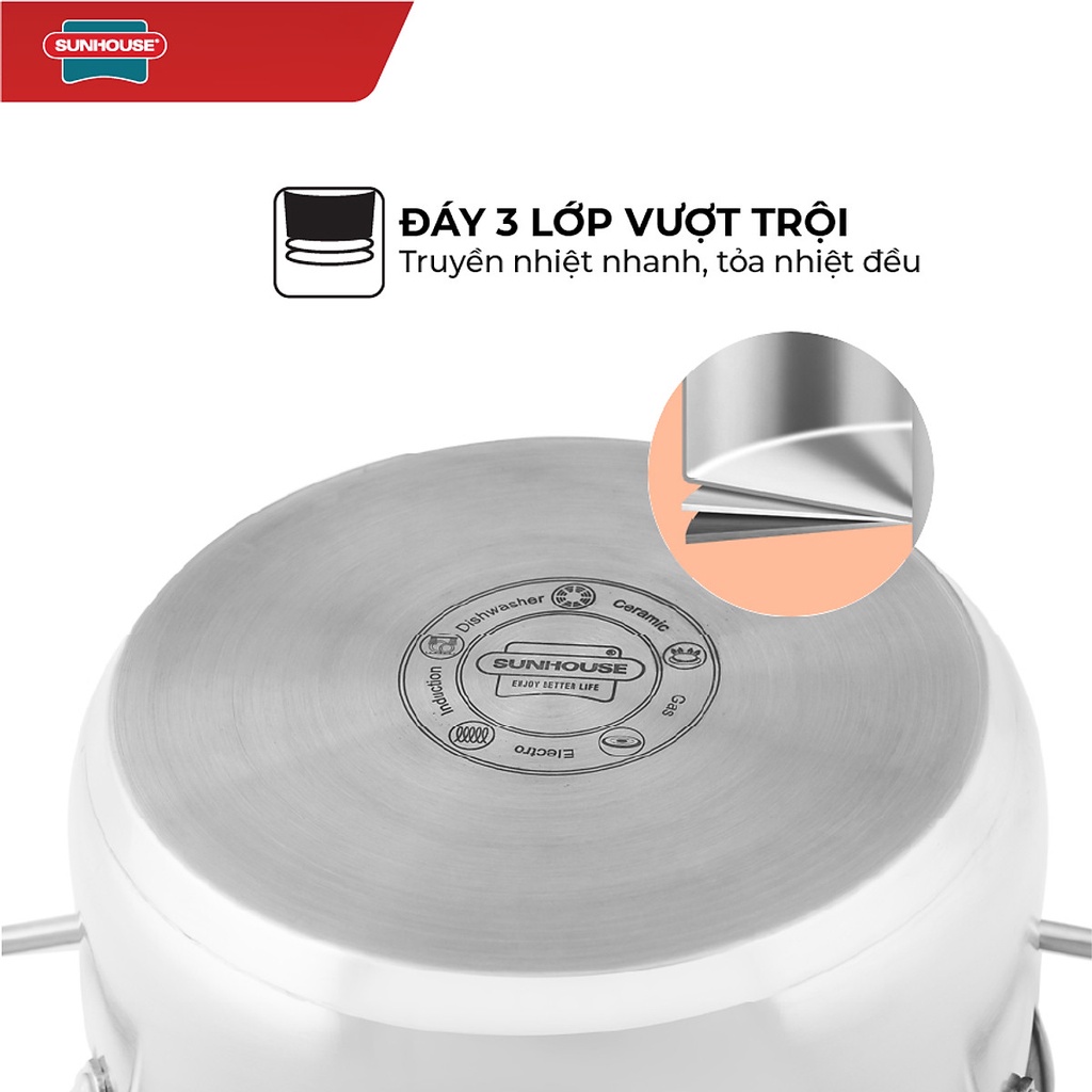 Bộ Nồi Inox 3 Đáy Sunhouse SH335 - Dùng trên mọi loại bếp - Hàng chính hãng
