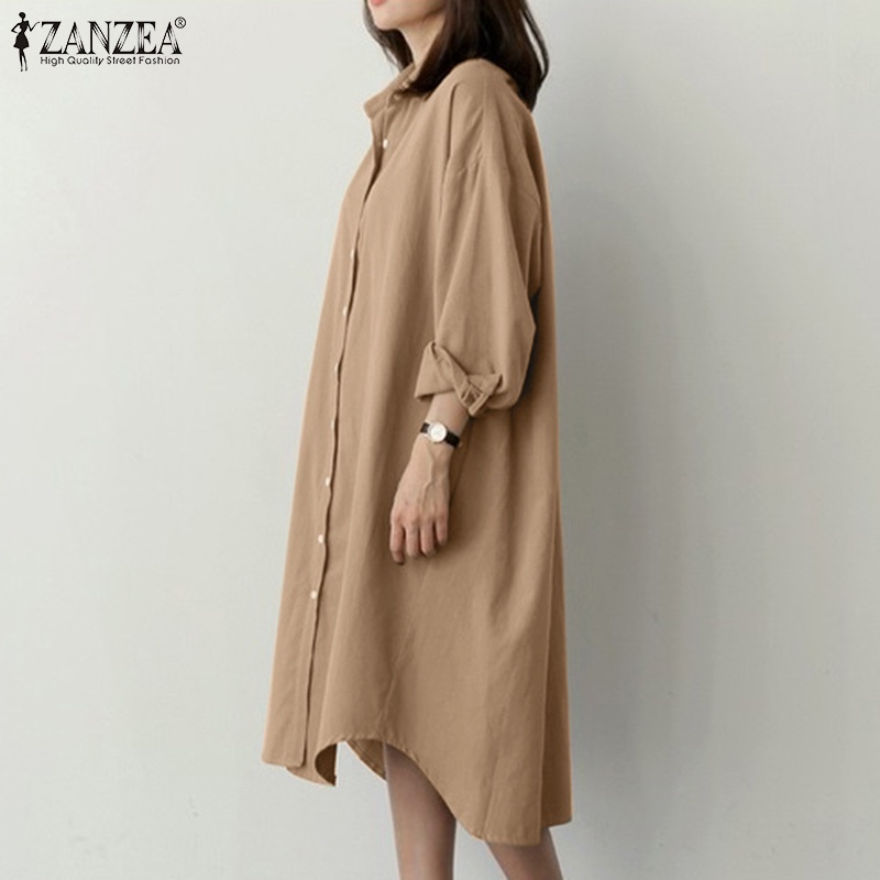 Đầm ZANZEA sơ mi dài tay phong cách Hàn Quốc thanh lịch dành cho nữ