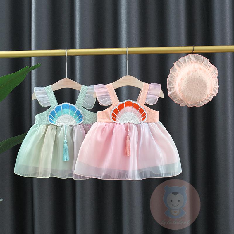 Đầm Chữ A Tay Cánh Tiên Thêu Họa Tiết Vỏ Sò Kèm Nón Xinh Xắn Cho Bé Gái LAA6-G