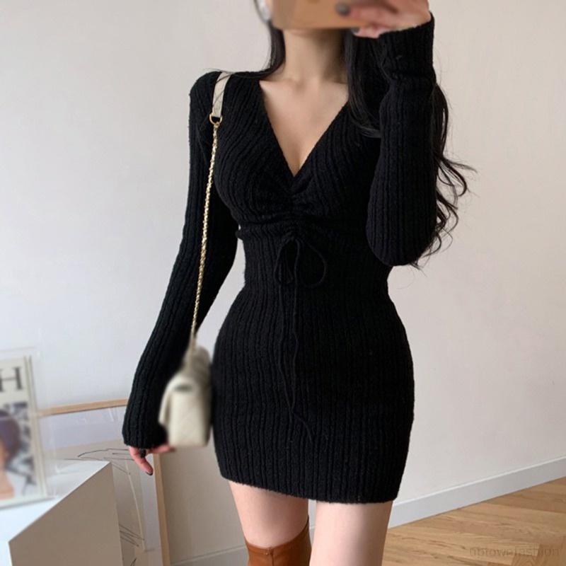 Đầm Dệt Kim Tay Dài Màu Sắc Đơn Giản Phối Dây Rút Thời Trang Cho Nữ