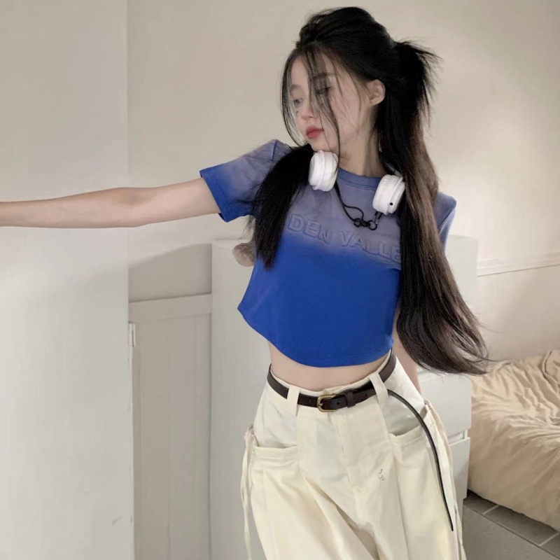 IELGY  Áo Thun Tay Ngắn Nhuộm Màu Loang In Chữ Phong Cách Mỹ Cổ Điển Thời Trang Cho Nữ