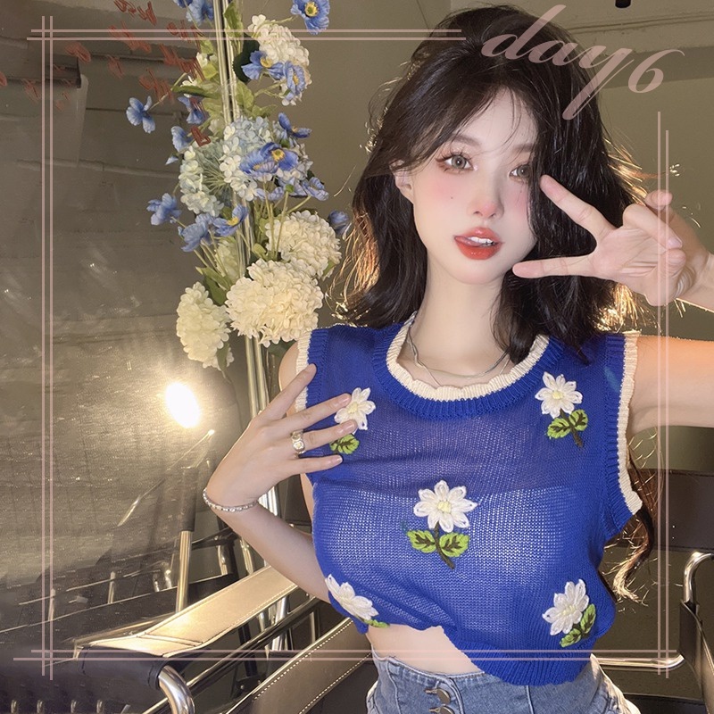 Áo Tank Top Dệt Kim Sát Nách In Hoa Kiểu Hàn Quốc Xinh Xắn Cho Bạn Gái