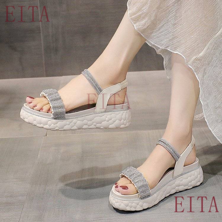 Sandal Đế Xuồng Phẳng Tăng Chiều Cao Mùa Hè 2023 Đính Đá Kim Sa Phong Cách Mới Dành Cho Học Sinh