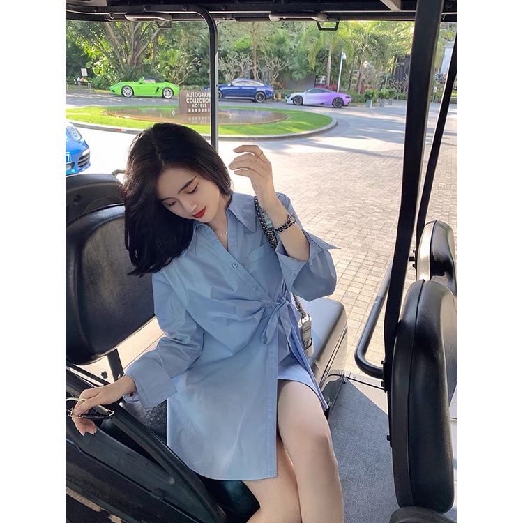 Áo đầm sơ mi dài xếp ly eo thắt nơ vạt lệch MS681