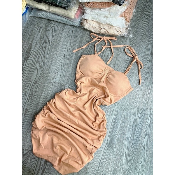 Có mút ngực Đầm Body nhún Ngắn Cúp Ngực Hai Dây Thắt Nơ Vai Sexy Nữ Tính