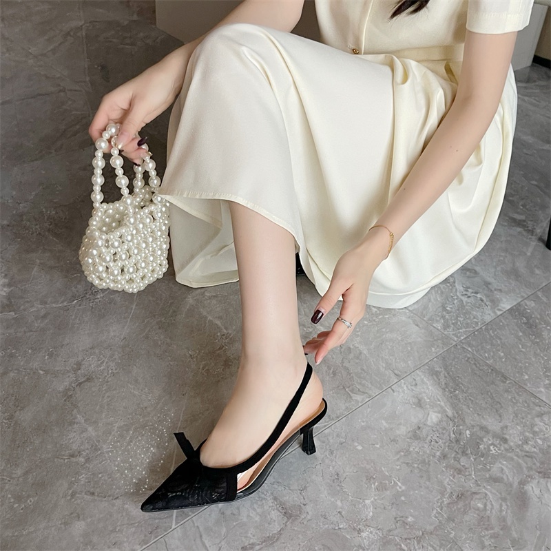 Giày Cao Gót Mũi Nhọn Phối Ren Đính Nơ Thời Trang 2023 Cho Nữ