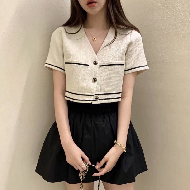 Áo Dạ Tweed Croptop Ngắn Tay Cổ V - Tweed Cộc Tay Tiểu Thư Kèm Ảnh Thật
