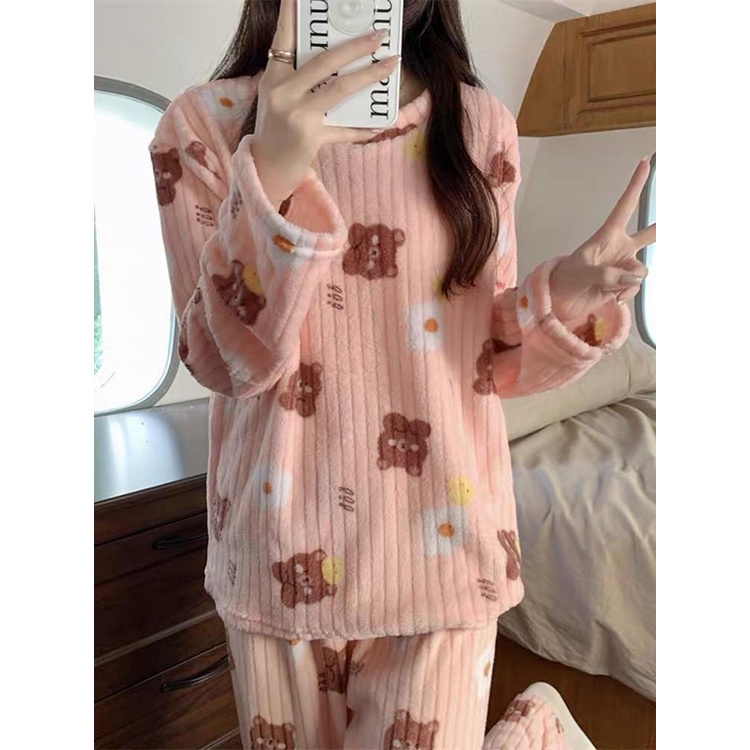 Bộ ngủ lông nữ mặc nhà hình gấu kute siêu ấm áp MS992