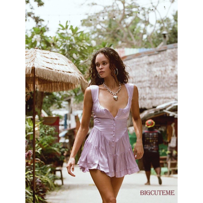 Đầm Chữ A Mini Không Tay Cổ Vuông Cắt Sâu Cài Nút Y2K Phong Cách Vintage Dễ Thương Cho Nữ