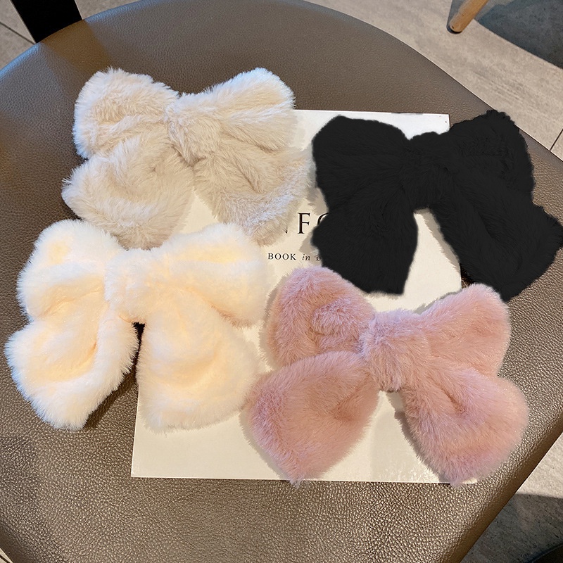 Kẹp Tóc Nơ Lớn Bằng Lông Giả Màu Trơn Thời Trang Dành Cho Nữ