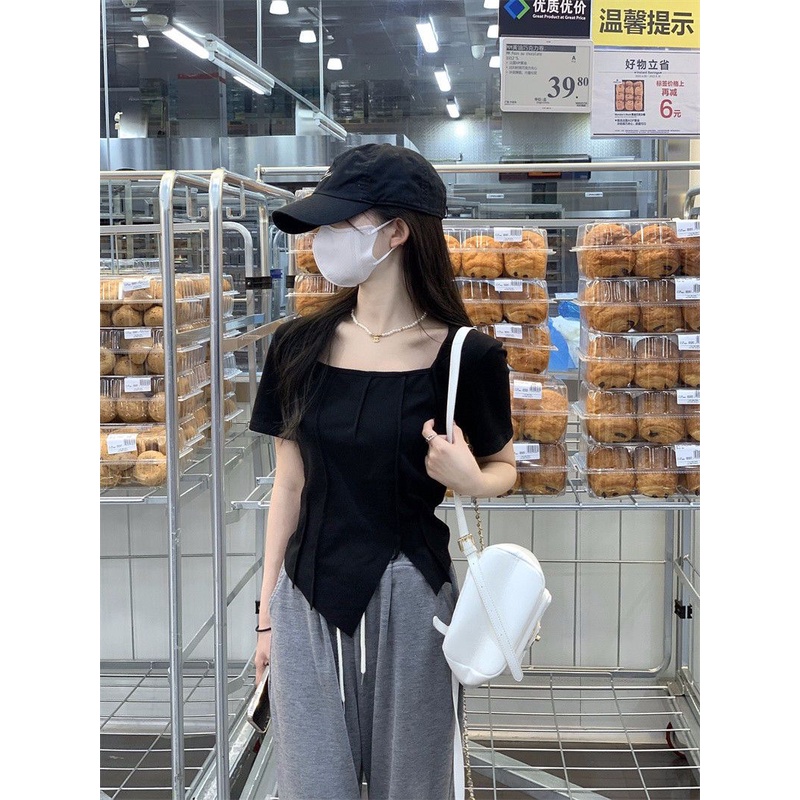 COZOKC COZOK Áo Thun Tay Ngắn Cổ Vuông Màu Trơn Thiết Kế Xẻ Tà Độc Đáo