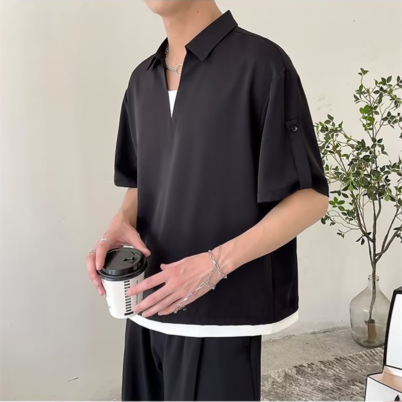 Áo Thun polo Giả Hai Mảnh Dáng Rộng Tay Ngắn Màu Trơn Vải Lụa Lạnh Cao Cấp Phong Cách Hàn Quốc Thời Trang Mùa Hè Hàng Mới 2022 Dành Cho Bạn Nam