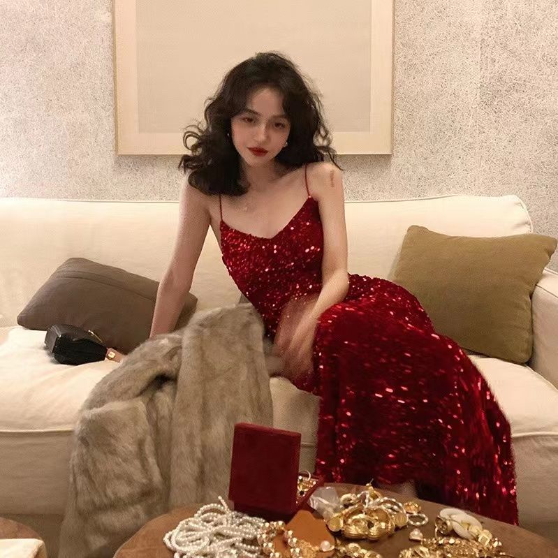 Đầm Nhung Đuôi Cá Cổ Chữ V Đính Kim Sa Lấp Lánh Thời Trang Cho Nữ
