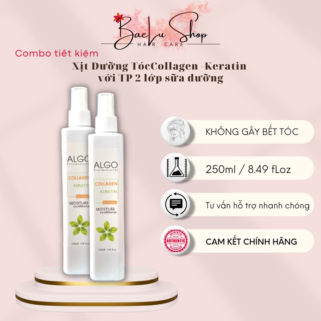 Combo Xịt dưỡng tóc collagen keratin Algo phục hồi và bảo vệ tóc tối đa khỏi nhiệt và tia UV, dưỡng tóc thơm lâu 250ml