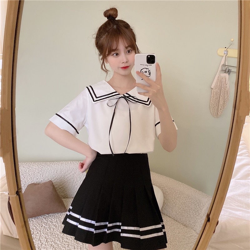 Bộ Áo Váy Ngắn Xếp Ly Phong Cách Preppy Thời Trang Mùa Hè Dành Cho Nữ