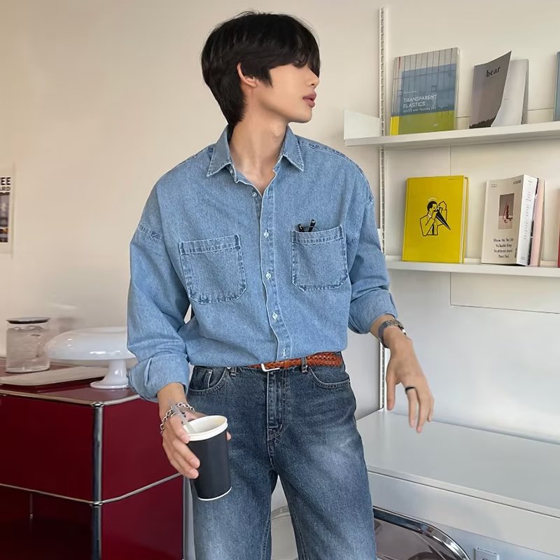 Áo Sơ Mi Denim Dài Tay Phong Cách Hàn Quốc Dành Cho Nam