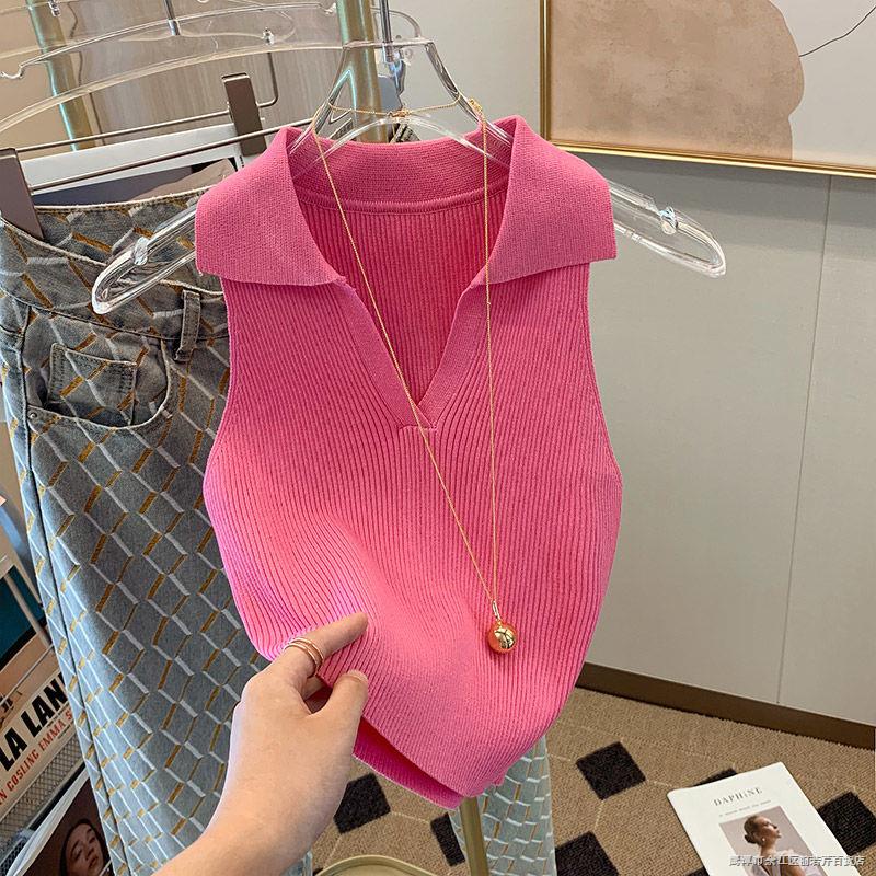 Áo sweater Lụa Lạnh Mỏng Không Tay Cổ Polo Thời Trang Mùa Hè Cho Nữ