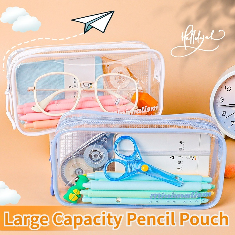 Túi Đựng Bút Dạng Lưới Trong Suốt Có Khóa Kéo Sức Chứa Lớn Phong Cách Hàn Quốc