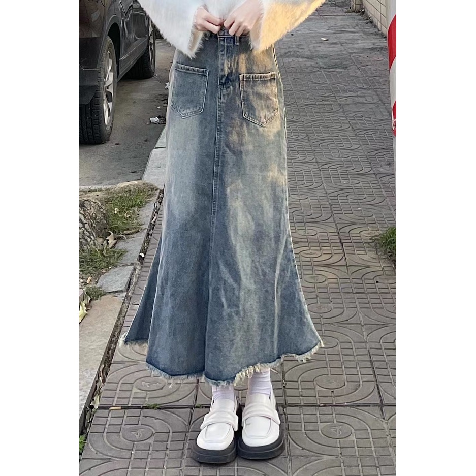 COZOK Chân váy jean Đuôi Cá Dáng Chữ A Lưng Cao Phong Cách retro Mỹ