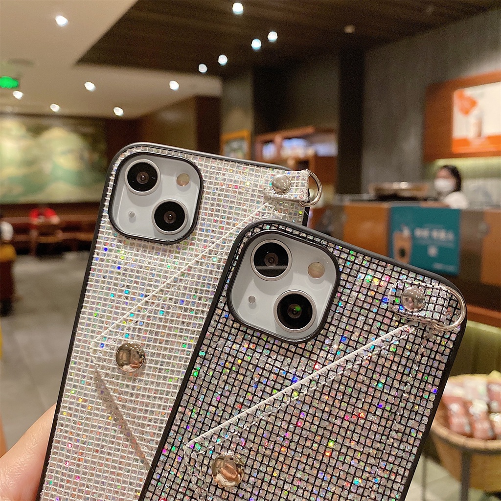 Ốp Điện Thoại Da Dạng Ví Đính Kim Cương Lấp Lánh Có Ngăn Đựng Thẻ Và Dây Đeo Chéo Cho iphone 15 14 13 12 11 pro xs max xr x 8 7 plus