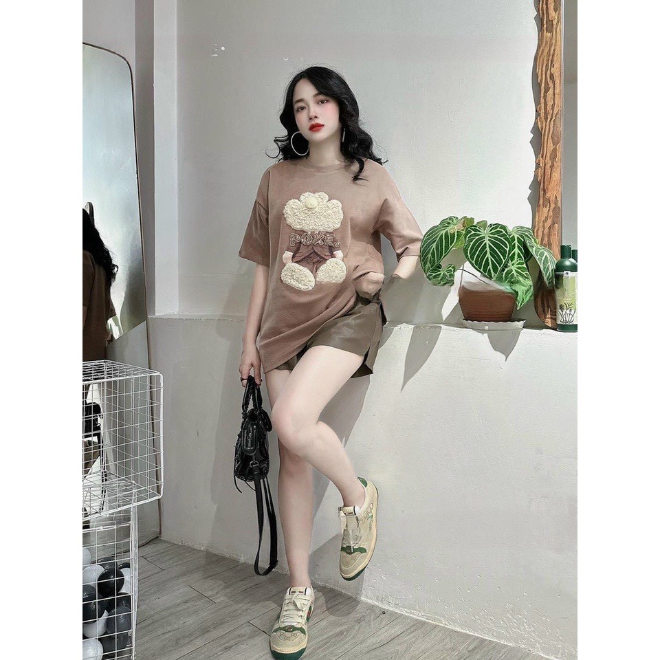 Áo Phông Tay Lỡ Cổ Tròn Thêu Nổi Poxe CHất Cotton Co Dãn 3 Màu Con Gấu