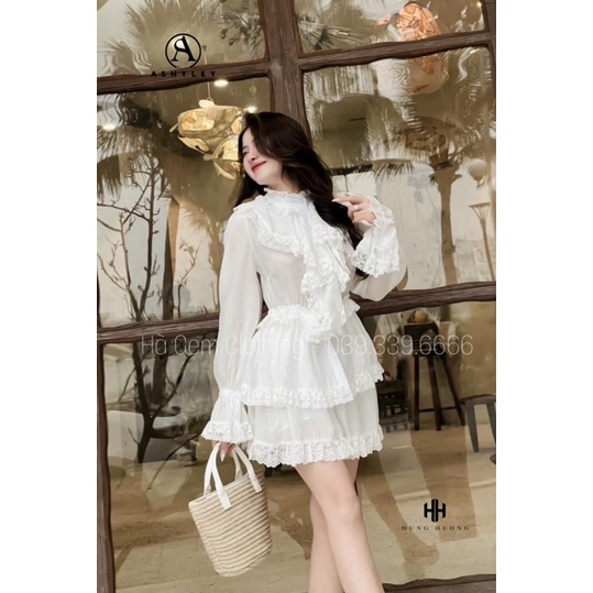 Set váy nữ màu trắng hoạ tiết bèo tua rua gồm áo tay dài cổ ren mix chân váy