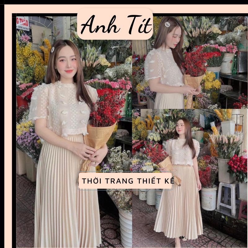 Set Áo Tơ Bồng Nổi Mix Chân Váy Xếp Ly Màu Kem Hàng Thiết Kế Siêu Tôn Dáng - Anh Tít Boutique