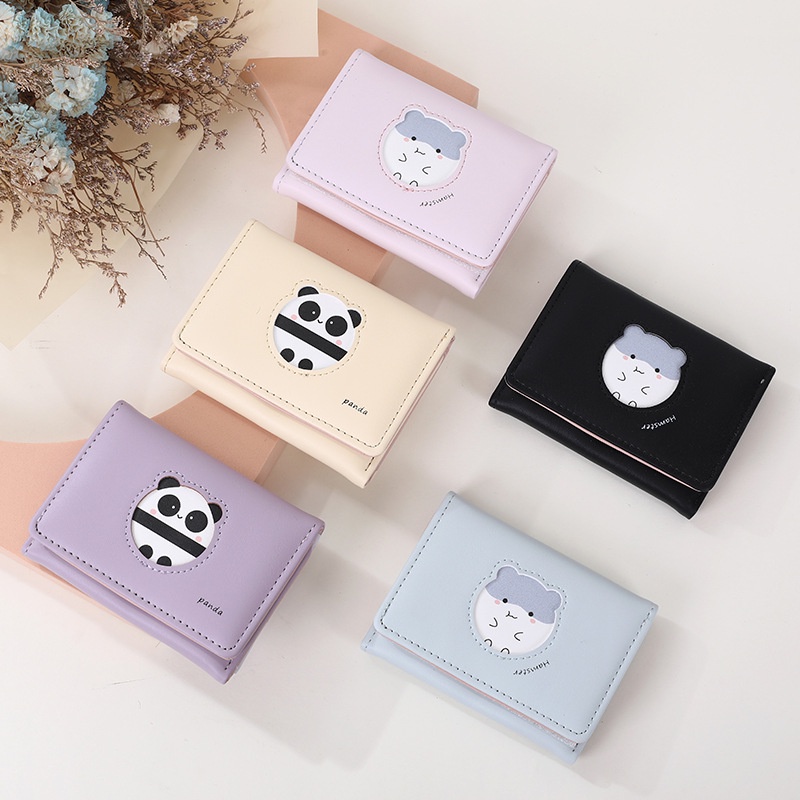 Ví Da PU Gập Ba Màu Trơn Có Khóa Kéo In Hình Gấu Trúc Hoạt Hình Phong Cách Hàn Quốc Giá Đỡ