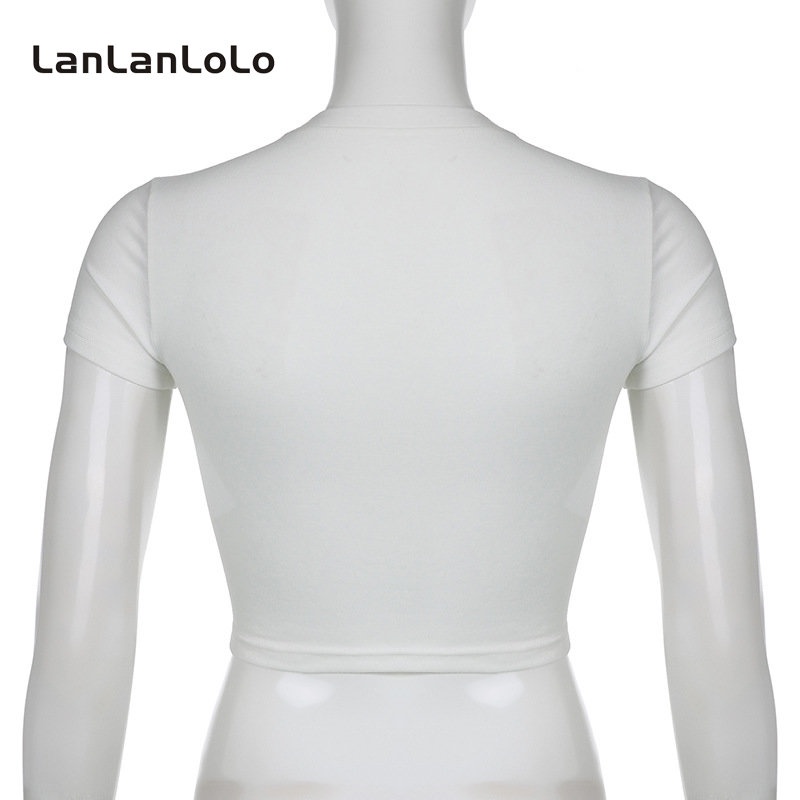 Áo thun croptop LanLanLoLo cổ tròn tay ngắn in hoạ tiết đơn giản trẻ trung thời trang 2023 cho nữ