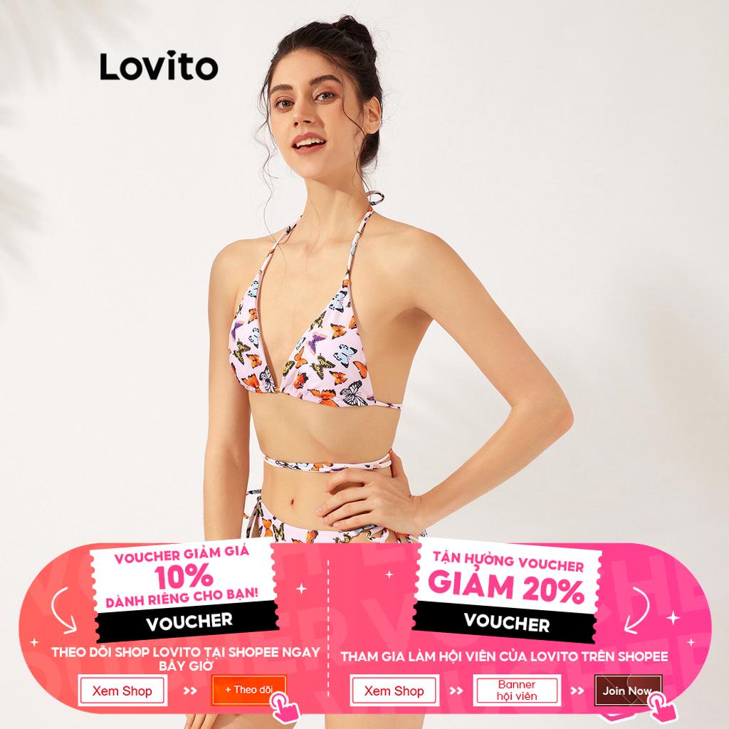 Set bikini Lovito thắt nơ hình bướm áo dài tay cổ tròn miếng đệm có thể tháo rời L23AD062 (nhiều màu sắc)