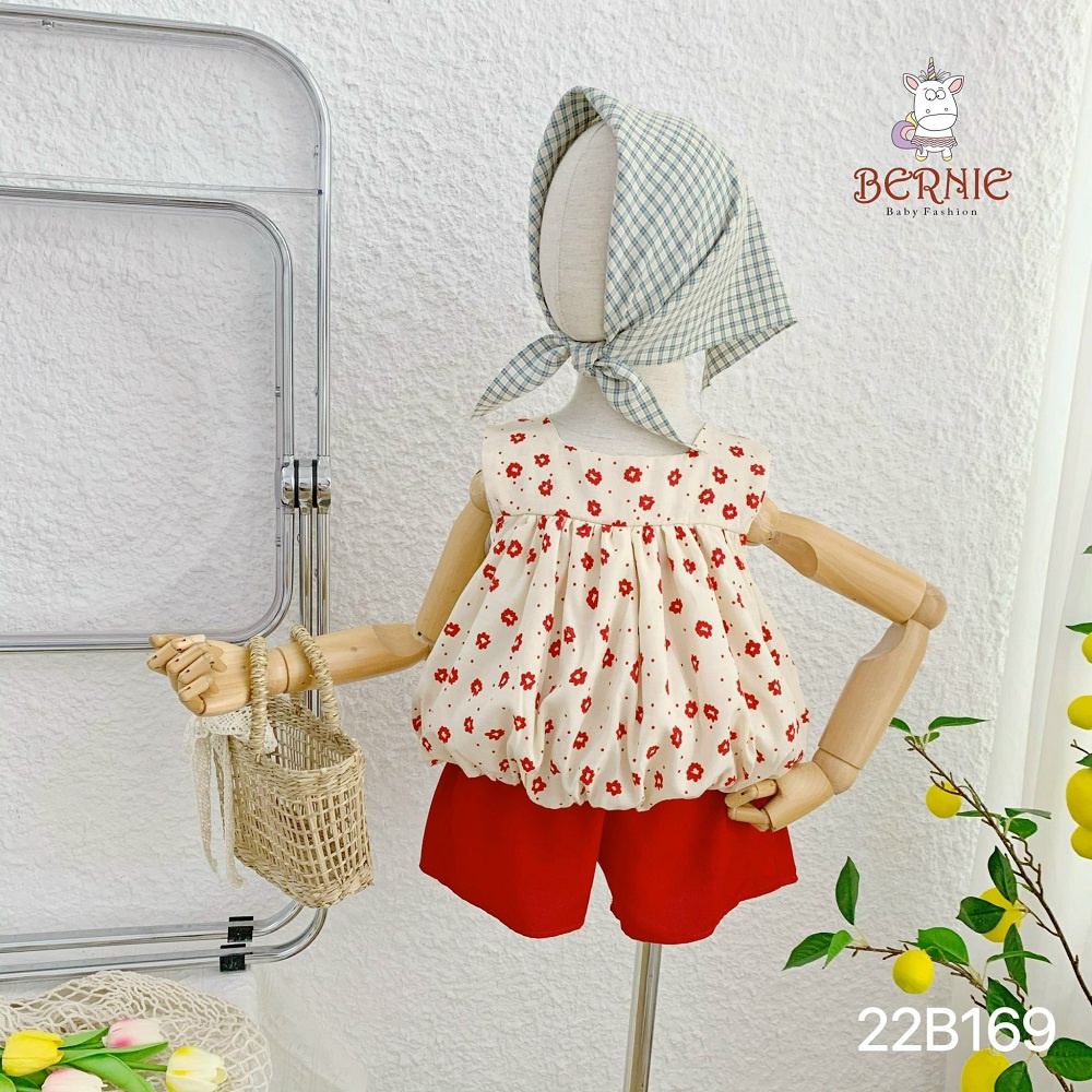Set bộ đi chơi bé gái BERNIE hoa nhí áo phồng màu vàng hồng be đỏ bé đi chơi đi biển bé 9 đến 24kg