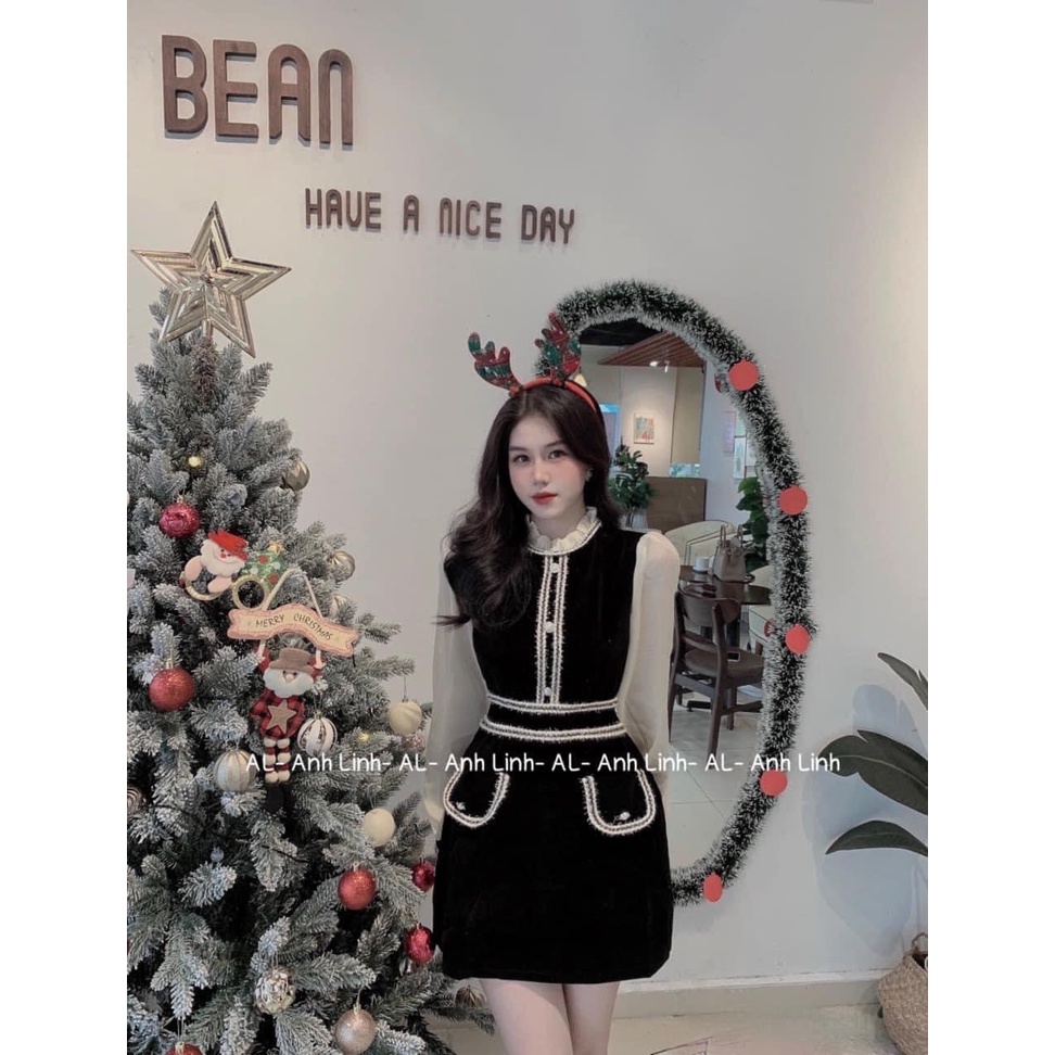 [3.3 Sales Freeship] Đầm thiết kế, đầm nhung chữ A cổ bèo phối viền trắng đính nút tay voan trằng đi tiệc sang trọng mtb
