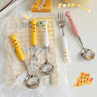 Bộ muỗng nĩa cá nhân, thìa nĩa inox cán sứ hình bàn chân hổ cute