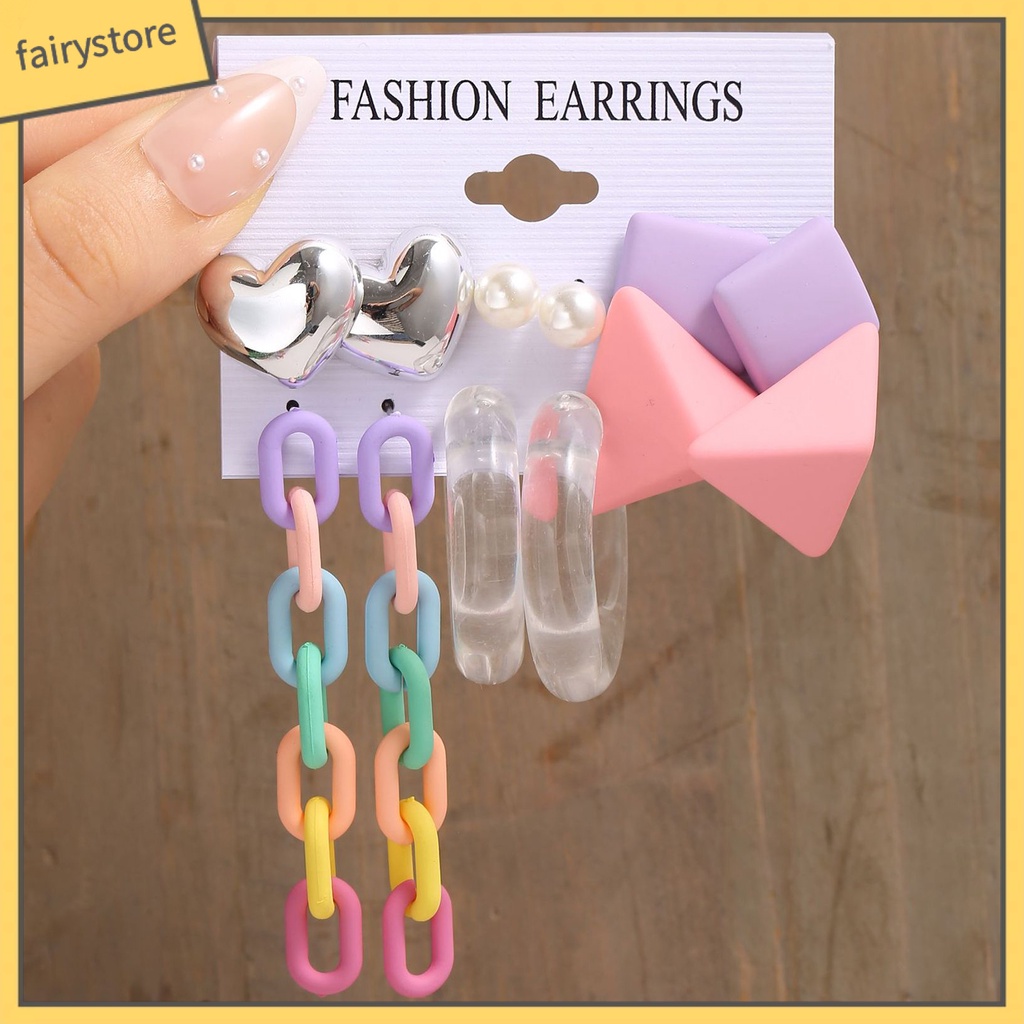 Set 1 / 4 / 6 Đôi Khuyên Tai Hình Học Trái Tim Màu Sắc Ngọt Ngào Bằng Acrylic