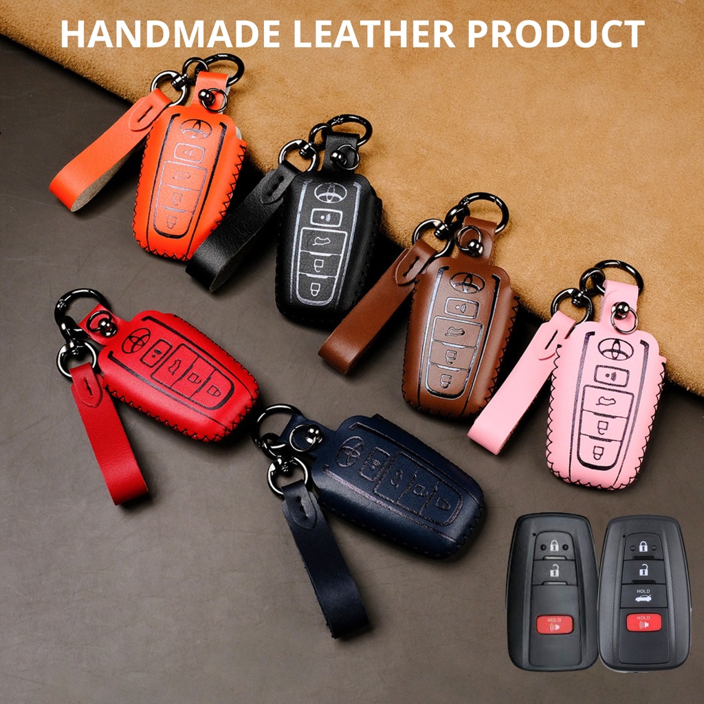 Bao da bọc chìa khóa smartkey ô tô Toyota Corolla Cross Camry Altis 2022 khâu tay kín nút bấm móc đen TCRV