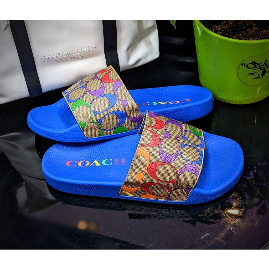 ( Chính Hãng ) Dép C.O.A.C.H Slide In Rainbow Signature Canvas