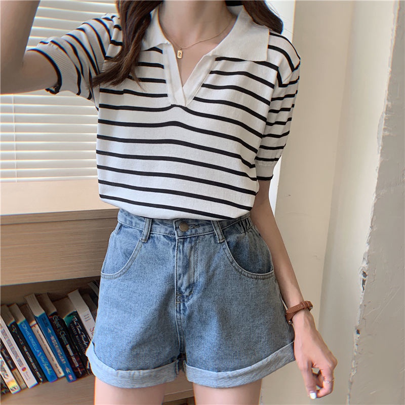 Áo Thun POLO Ngắn Tay Họa Tiết Sọc Ngang Thời Trang Dành Cho Nữ