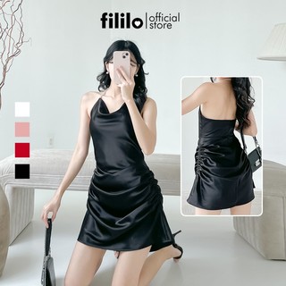 Fililo váy ngắn cổ yếm đổ dây ngọc rút dây cupi dress vải lụa đầm dự tiệc thiết kế cao cấp