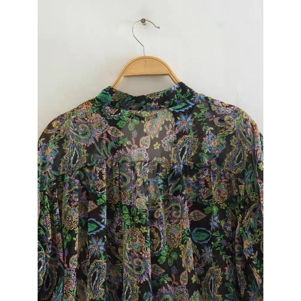 Made in Morocco - áo sơ mi Zara voan hoa lụa xanh trầm AH1SMVG40N10