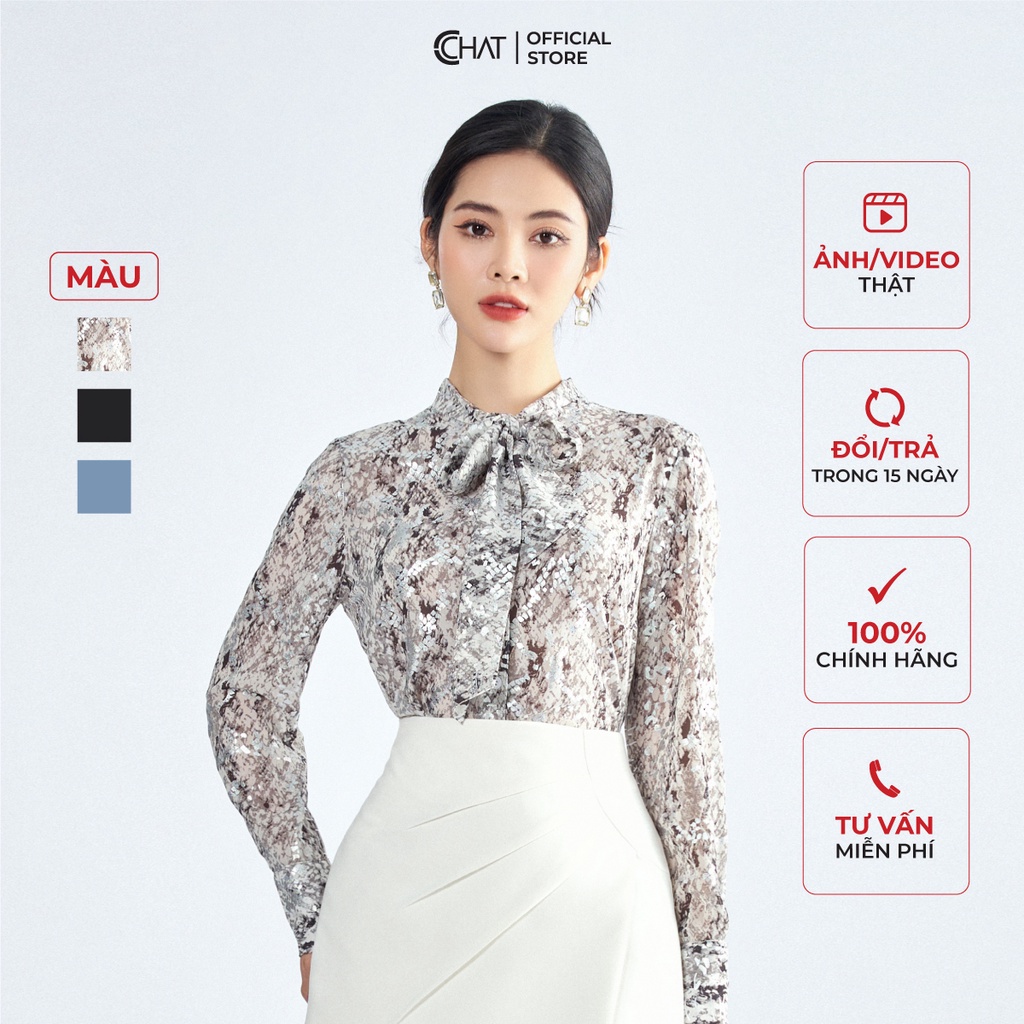 Áo Sơ Mi Nữ 𝐂𝐂𝐇𝐀𝐓 Họa Tiết Cổ Vát Dài Chất Voan Cao Cấp Mềm Mịn 53SDV5003ST
